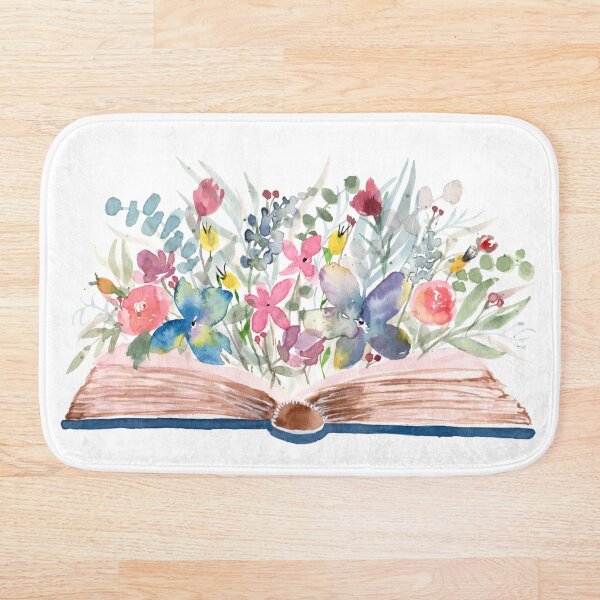 Watercolor Open Book with Florals Bath Mat