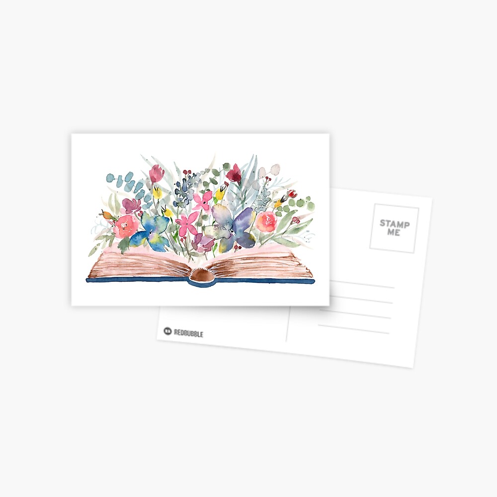 Watercolor Open Book with Florals Postcard