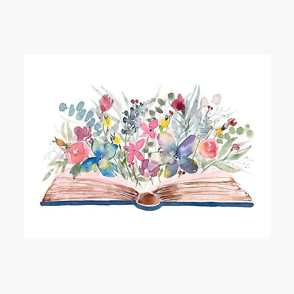 Watercolor Open Book with Florals Photographic Print
