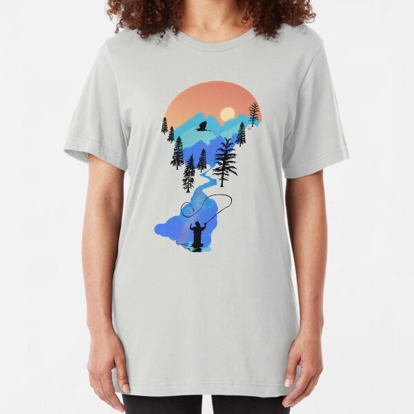 Fly Fishing Mountain Sunset by TeeCreations Slim Fit T-Shirt