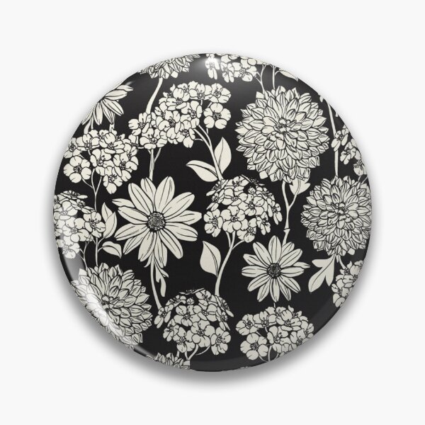 Black and White Neck Gator Black and White Dahlias and Daisies Pattern Pin