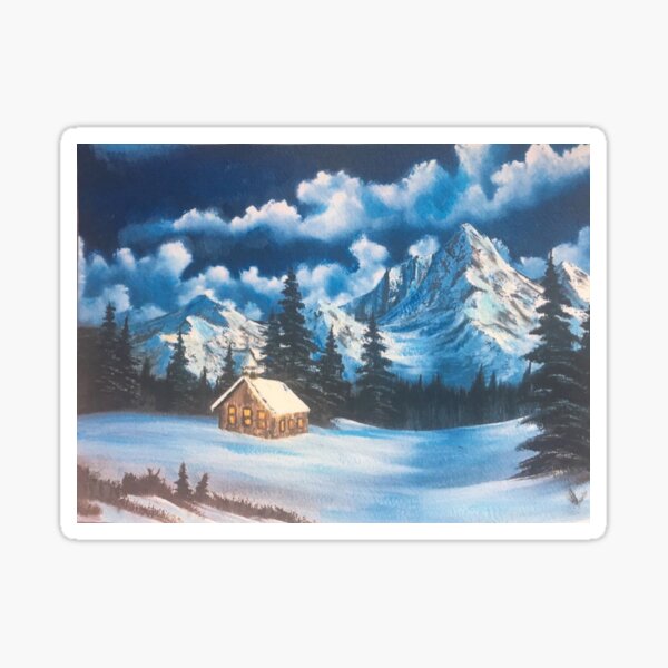 Bob Ross Style Inspired Snowy Mountain Oil Painting Sticker