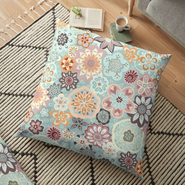 Beautiful Bouquet of Midsummer Blooms in blue, orange and pink Floor Pillow