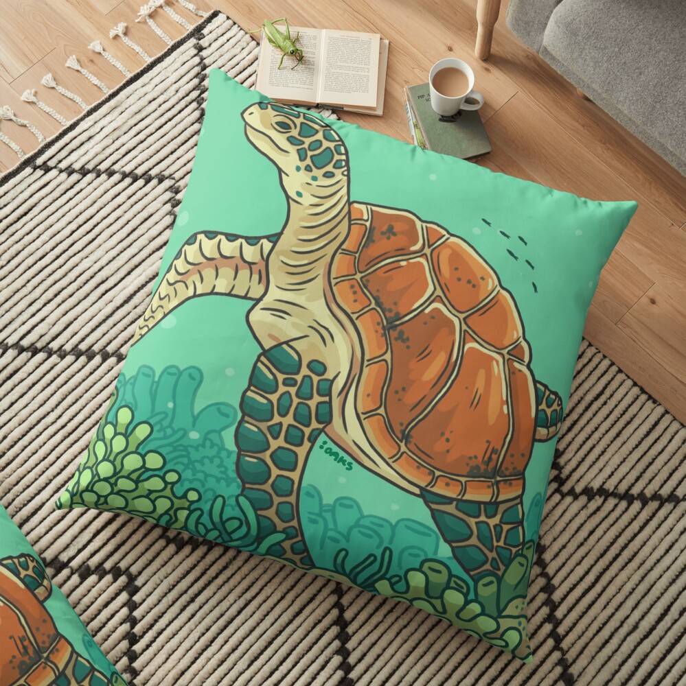 Green Coral Sea Turtle Floor Pillow