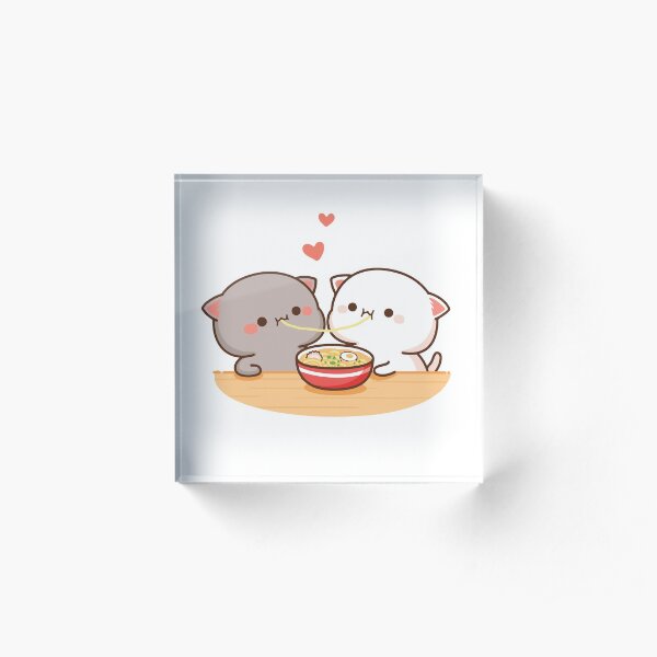 Peach and Goma Mochi Cat Eating Ramen Acrylic Block