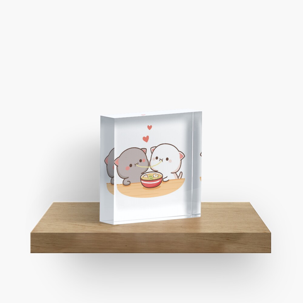 Peach and Goma Mochi Cat Eating Ramen Acrylic Block