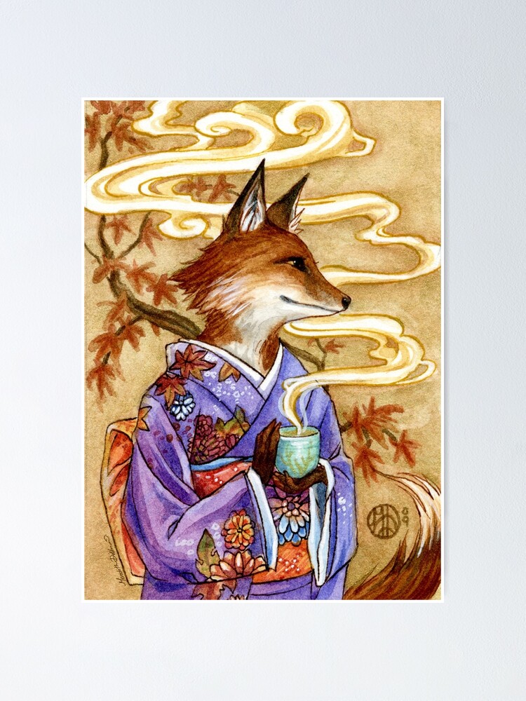 Autumn Tea Time Kitsune Fox Poster By Meredithdillman Redbubble