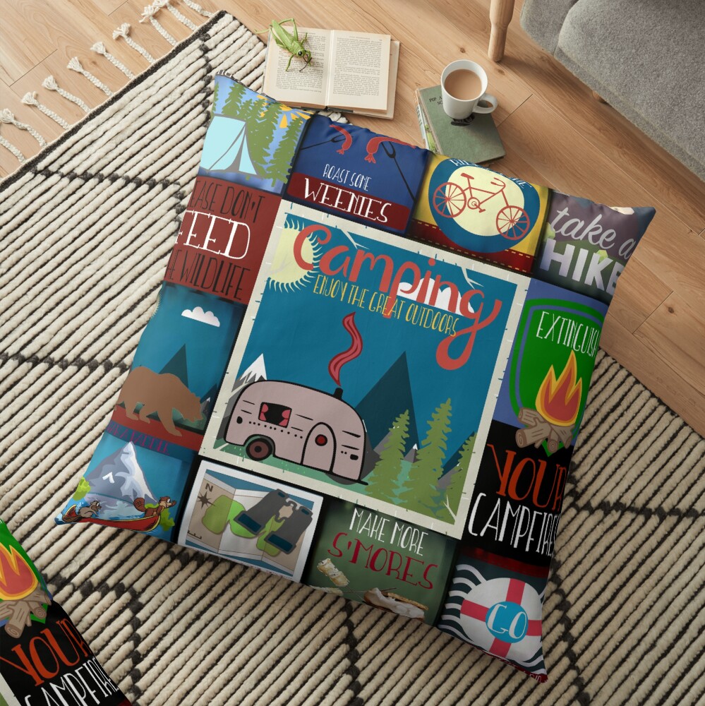 Retro Camping Badges Pattern Floor Pillow