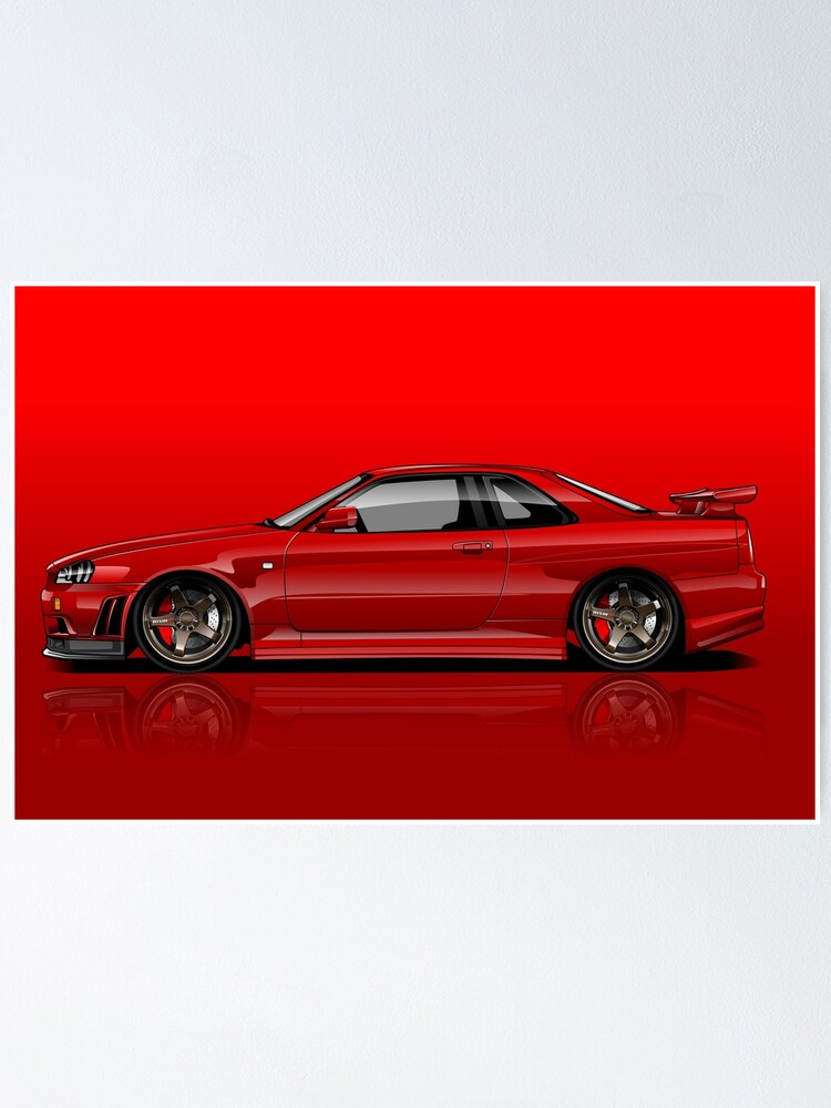 Nissan Skyline R34 Gt R Digital Art Side View Metallic Red Poster By Worldwidecars Redbubble
