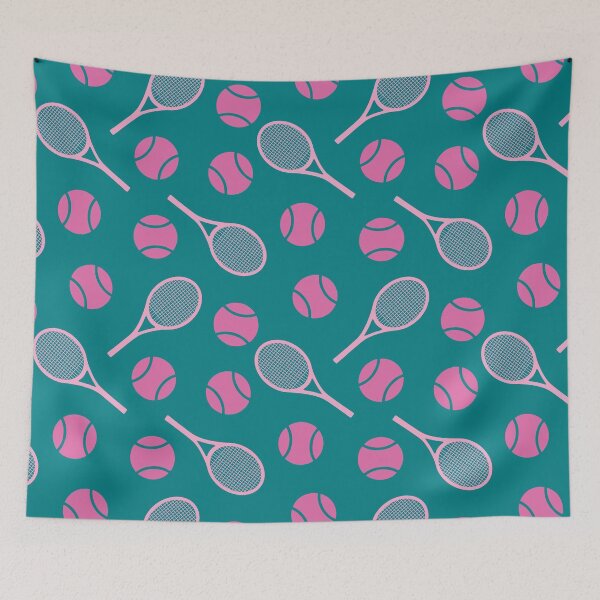 Item preview, Pink tennis rackets and tennis balls on minty background designed and sold by EvieWoj.
