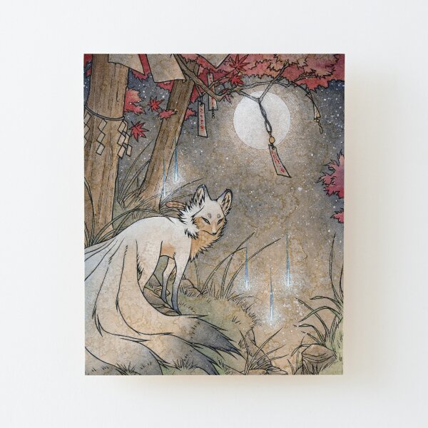 Fox & Wisps - Kitsune Yokai Foxfire Wood Mounted Print