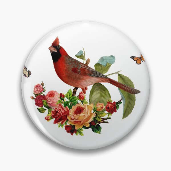 Aperçu de l'œuvre Oiseau cardinal rouge romantique avec illustration de papillons et de roses créée et vendue par LizzyizzyDesign.