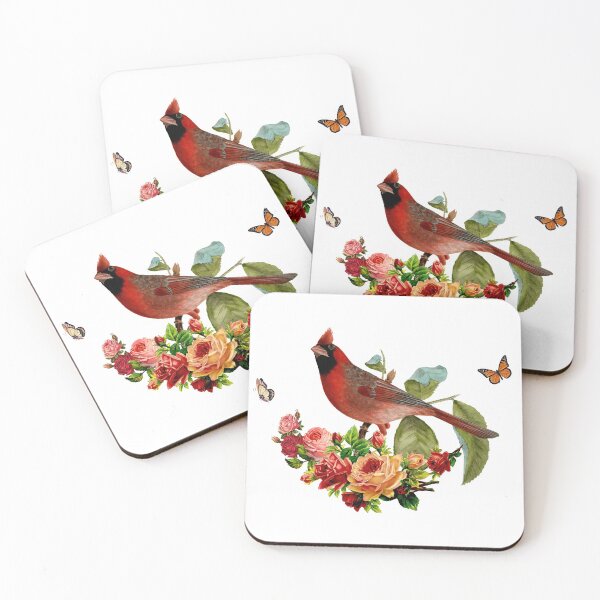 Item preview, Romantic Red Cardinal Bird With Butterflies & Roses Illustration designed and sold by LizzyizzyDesign.