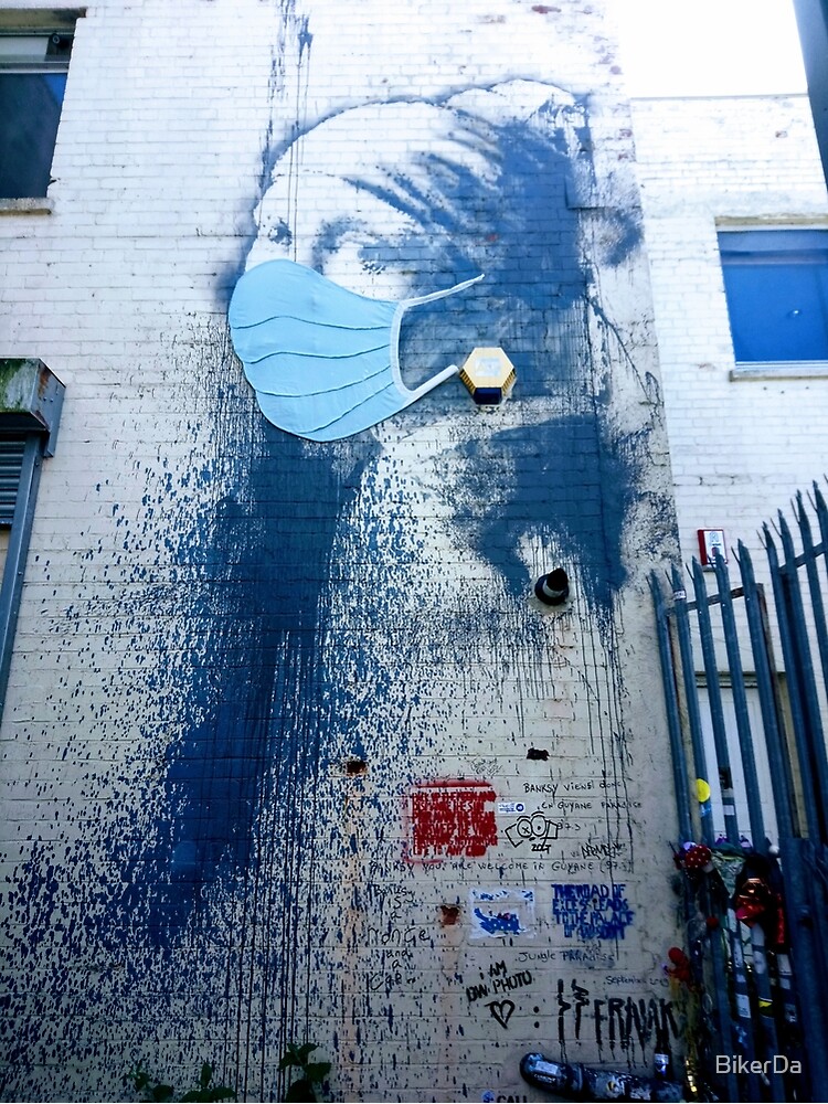 Banksy, Girl with the burst eardrum and face mask. Bristol street