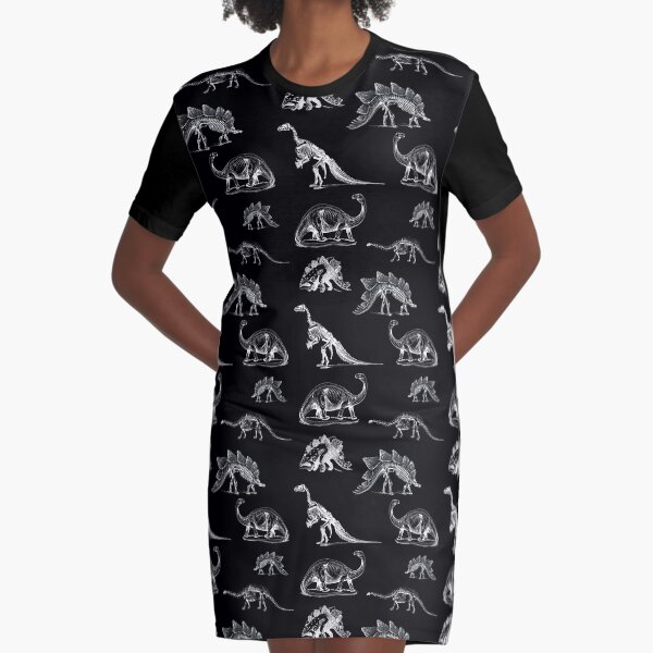 Vintage Museum Dinosaurs and Skeletons X-Rays on Black Graphic T-Shirt Dress