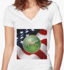 U.S. Army Armor - Branch Insignia over U. S. Flag Women's Fitted V-Neck T-Shirt