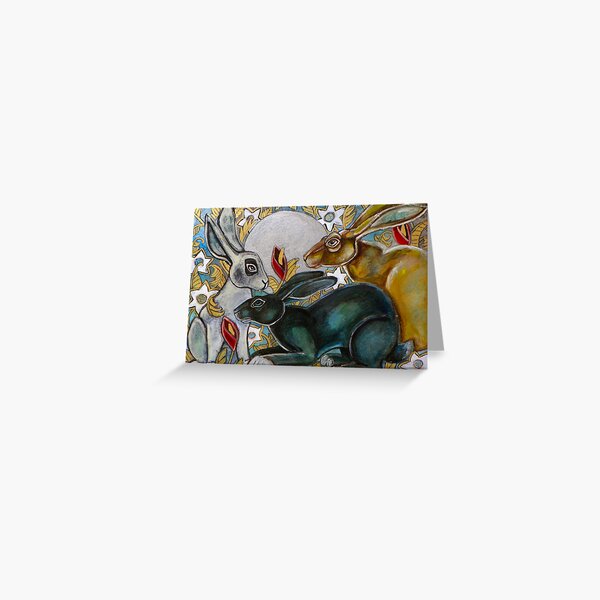 Three Moon Gazing Hares Greeting Card