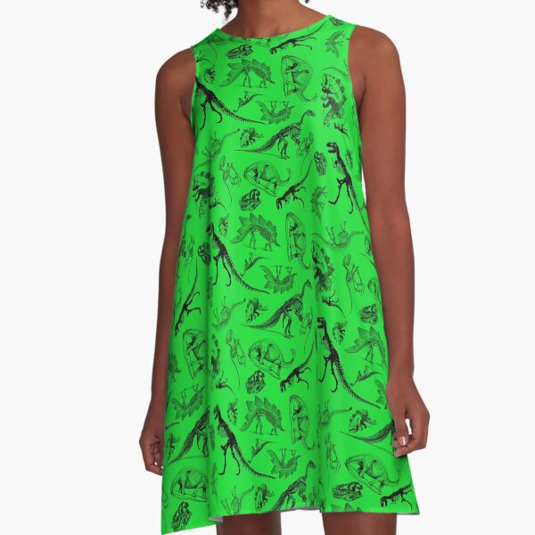 Vintage Museum Dinosaurs and Skeletons on Bright Green A-Line Dress