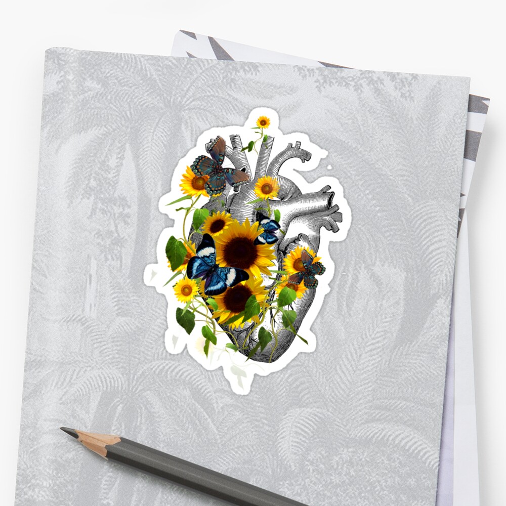 Butterflies Sunflowers Heart Human Anatomy Sticker By Collagedream Redbubble 4146