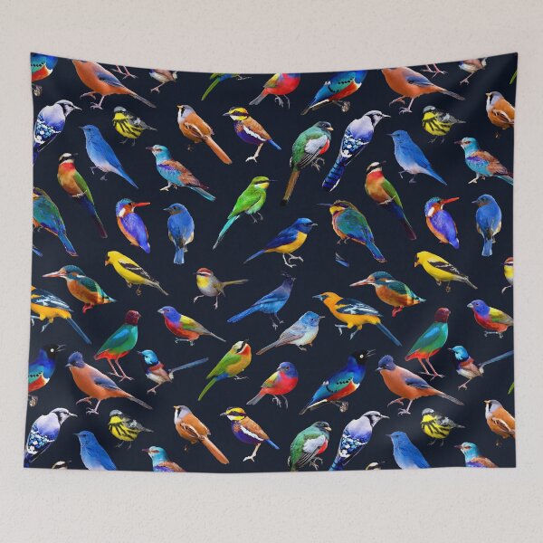 Item preview, Brilliant Birds on dark blue designed and sold by AxeLeon Patterns.