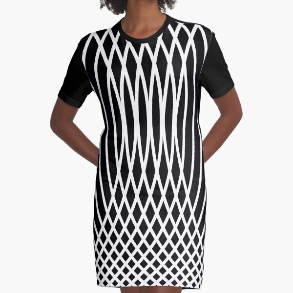 Elegant White Curves on Black Graphic T-Shirt Dress