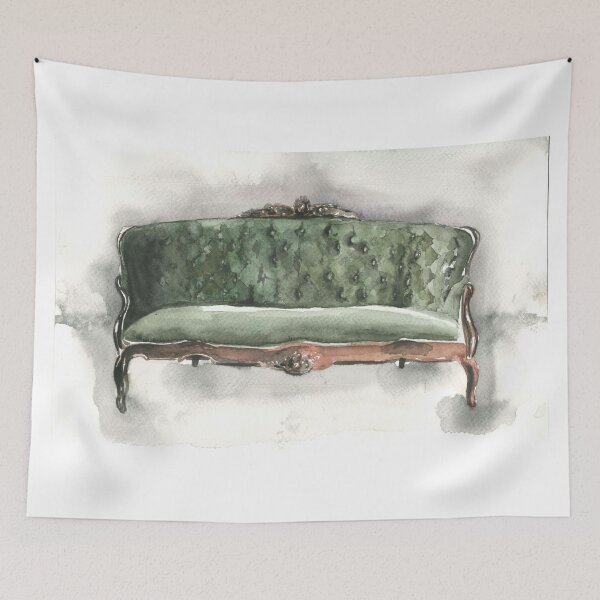 Item preview, Green vintage sofa with background. Watercolour sketch  designed and sold by xeniialunina.