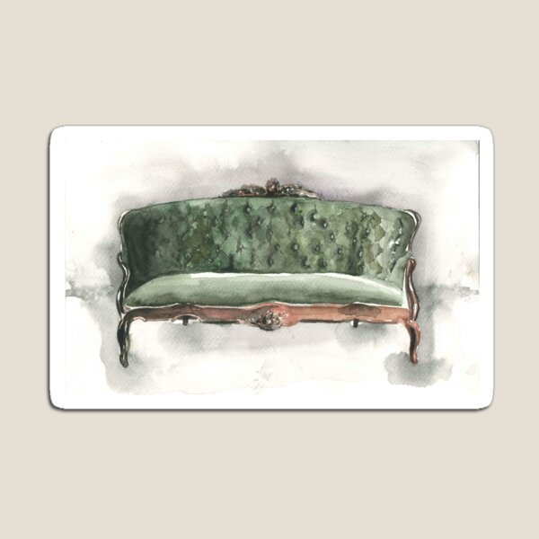 Item preview, Green vintage sofa with background. Watercolour sketch  designed and sold by xeniialunina.