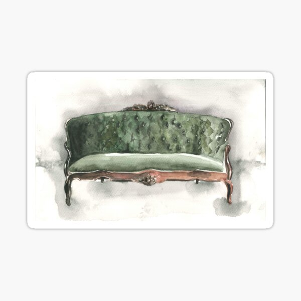 Artikel-Vorschau von Grünes Weinlesesofa mit Hintergrund. Aquarellskizze, designt und verkauft von xeniialunina.