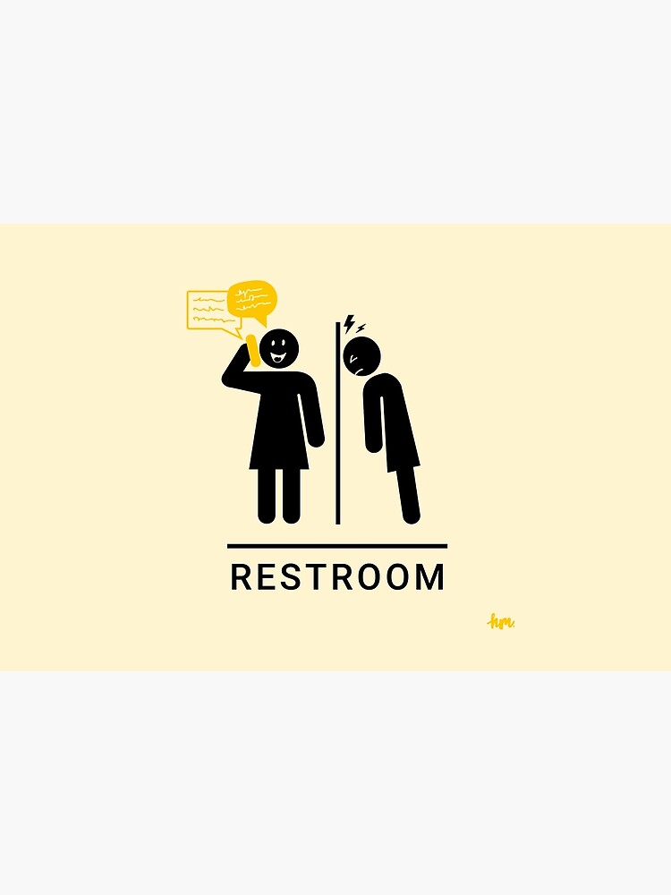 Thumbnail 6 of 6, Bath Mat, Restroom sign with one woman symbol talking on the phone and the other banging her head against the wall designed and sold by Honey Madison.