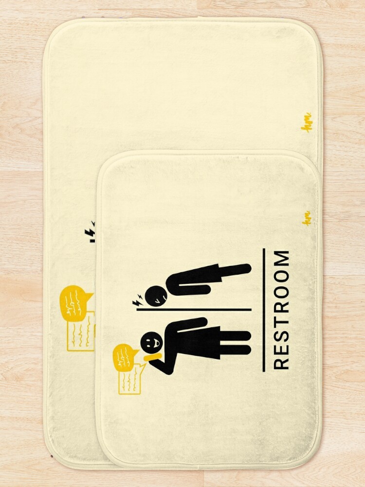 Bath Mat, Restroom sign with one woman symbol talking on the phone and the other banging her head against the wall designed and sold by Honey Madison