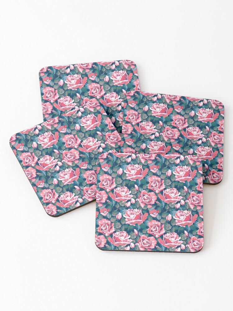 Thumbnail 1 of 5, Coasters (Set of 4), Pink Roses Floral Flower Pattern designed and sold by CallaStatements.