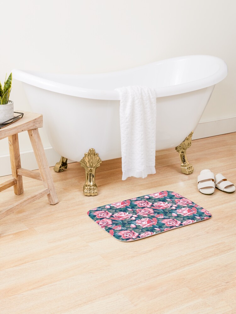 Thumbnail 2 of 6, Bath Mat,  Pink Roses Floral Flower Pattern designed and sold by CallaStatements.