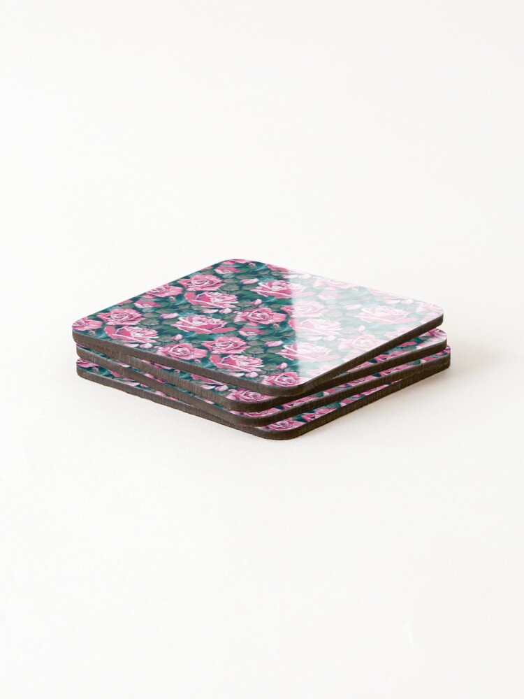 Thumbnail 4 of 5, Coasters (Set of 4), Pink and Green Roses Floral Flower Pattern designed and sold by CallaStatements.