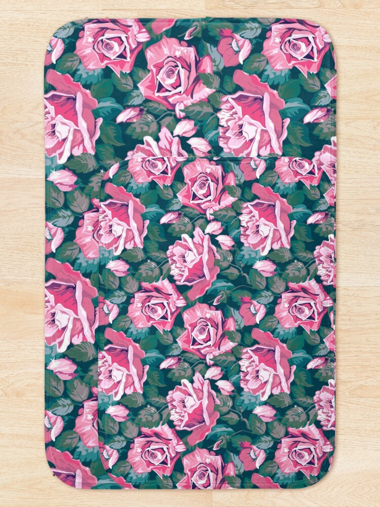 Thumbnail 5 of 6, Bath Mat, Pink and Green Roses Floral Flower Pattern designed and sold by CallaStatements.