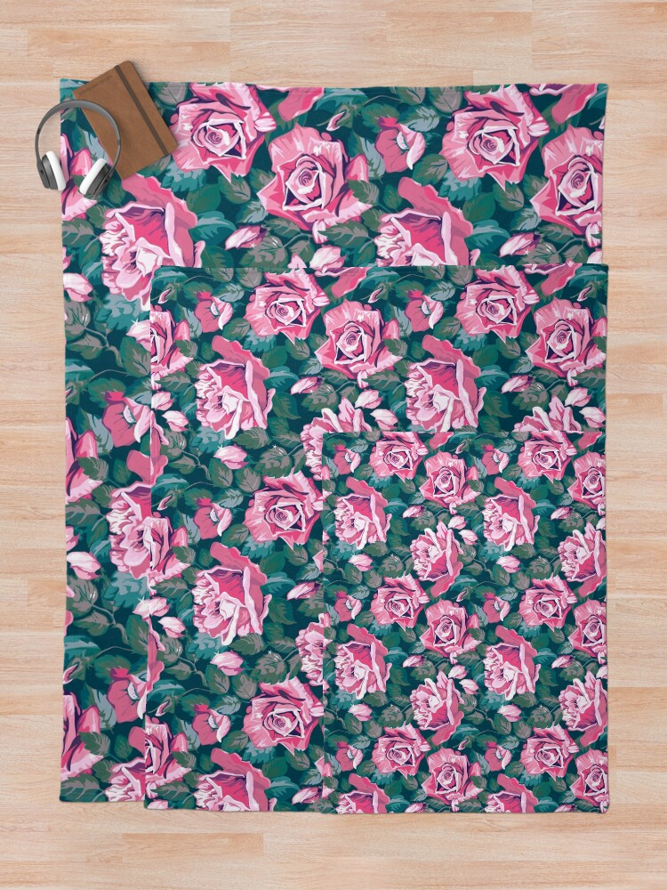 Thumbnail 5 of 6, Throw Blanket, Pink and Green Roses Floral Flower Pattern designed and sold by CallaStatements.