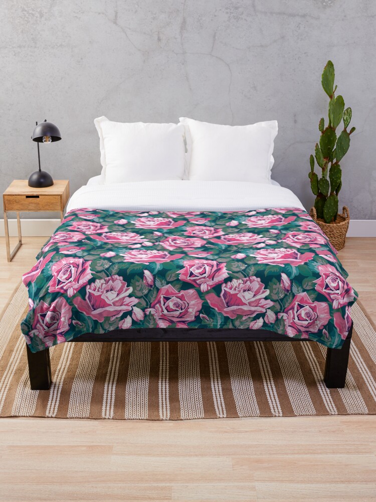Thumbnail 1 of 6, Throw Blanket, Pink and Green Roses Floral Flower Pattern designed and sold by CallaStatements.