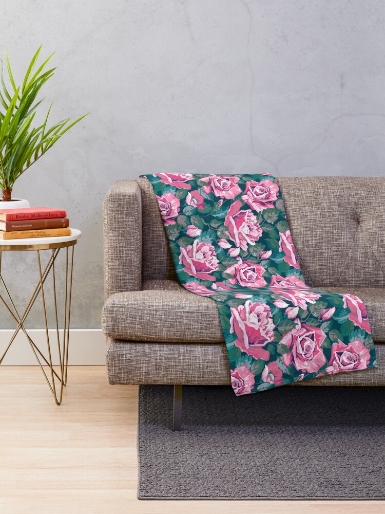 Thumbnail 2 of 6, Throw Blanket, Pink and Green Roses Floral Flower Pattern designed and sold by CallaStatements.
