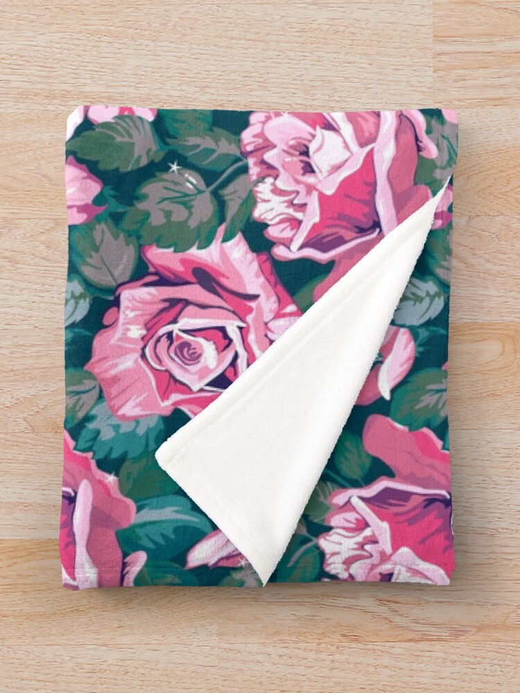 Thumbnail 3 of 6, Throw Blanket, Pink and Green Roses Floral Flower Pattern designed and sold by CallaStatements.