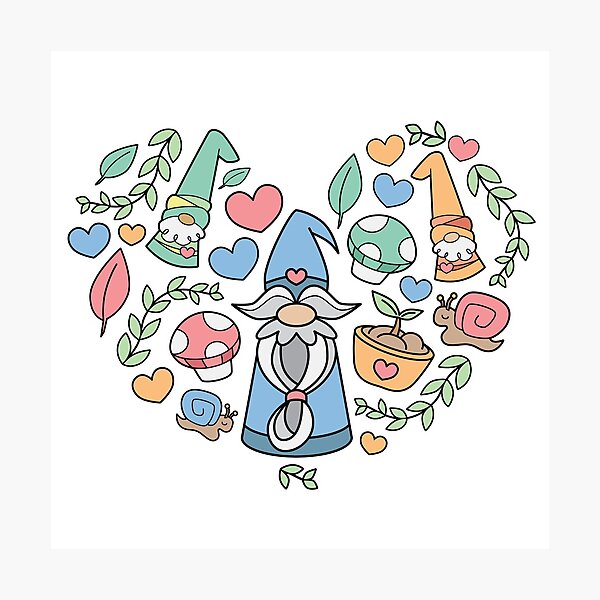 Aperçu de l'œuvre Motif de gnome kawaii - coeur mignon, escargots et champignons créée et vendue par toddsimpson.