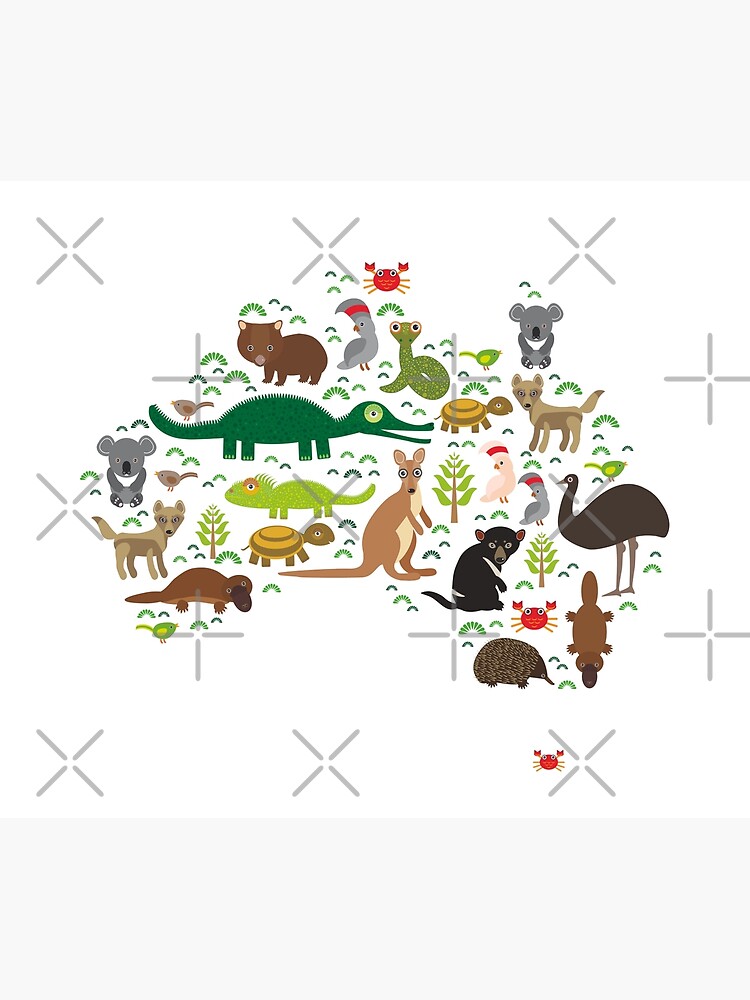 Mapa de animales australianos Echidna Platypus avestruz Emu Demonio de Tasmania Cacatúa loro Wombat serpiente tortuga cocodrilo canguro dingo pulpo pez de EkaterinaP