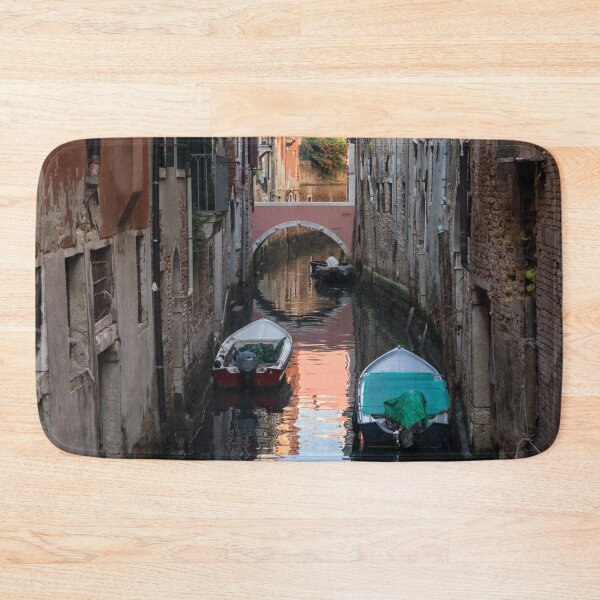 Item preview, Classic Venetian - Pink Bridge Small Canal and Moored Motorboats designed and sold by Georgia Mizuleva.