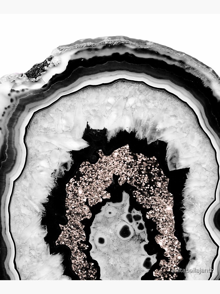 Gray Black White Agate with Rose Gold Glitter #1 #gem #decor #art by anitabellajantz