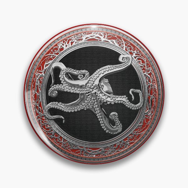 Artikelvorschau, Heiliger silberner Oktopus auf rotem Leder entworfen und verkauft von Serge Averbukh Art Studio.