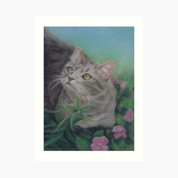 Gray Cat in a Flower Bed Art Print