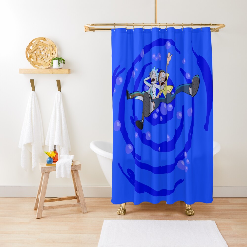 Rick and Morty™ dropping into blue vat of acid Shower Curtain