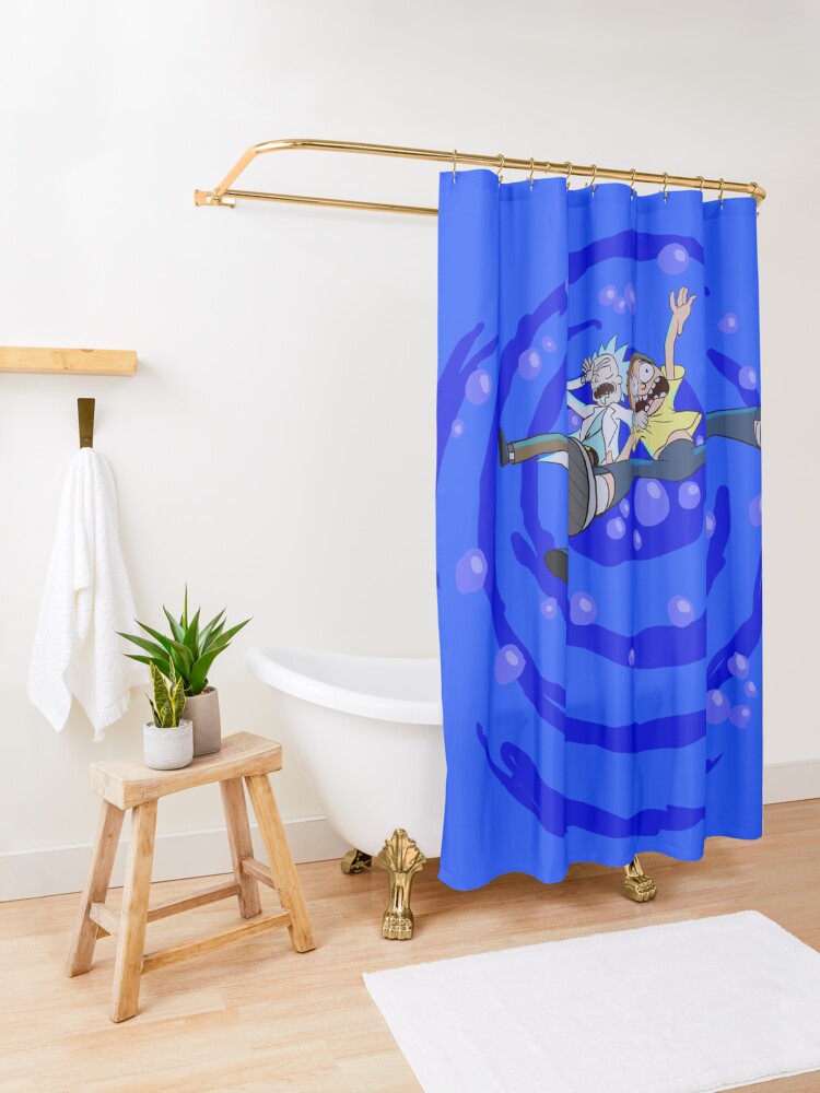 Alternate view of Rick and Morty™ dropping into blue vat of acid Shower Curtain
