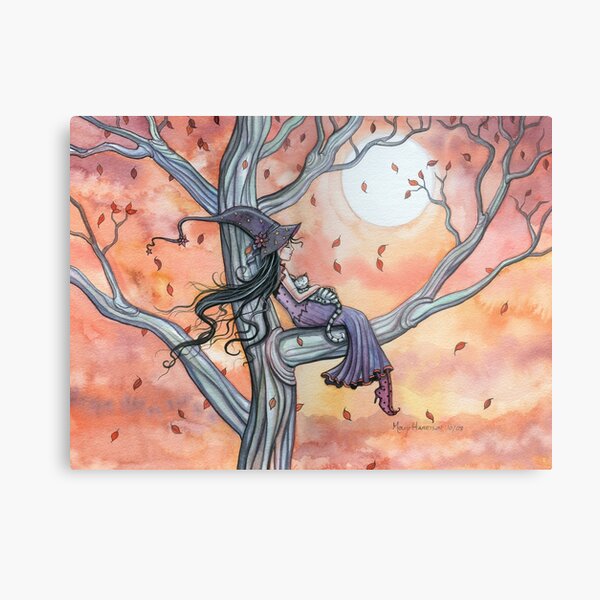 Fall Slumber Witch and Cat in Tree Molly Harrison Fantasy Art Metal Print