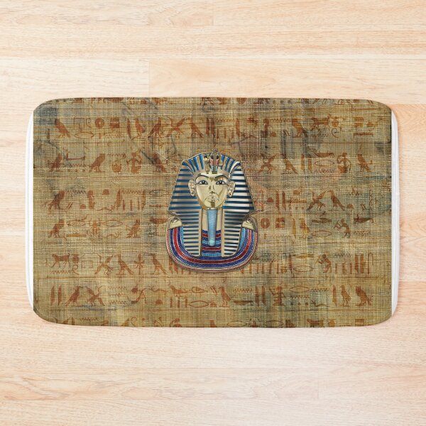 Item preview, King Tut -Tutankhamun's Gold Death Mask over Egyptian Hieroglyphics Papyrus designed and sold by Serge Averbukh Art Studio.