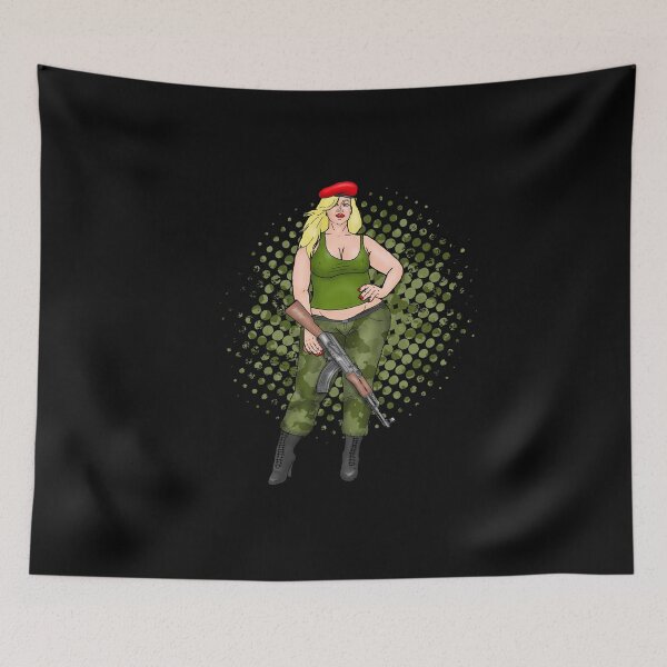 Item preview, BBW pin-up in military outfit with AK-47 designed and sold by PinUpsandPulp.