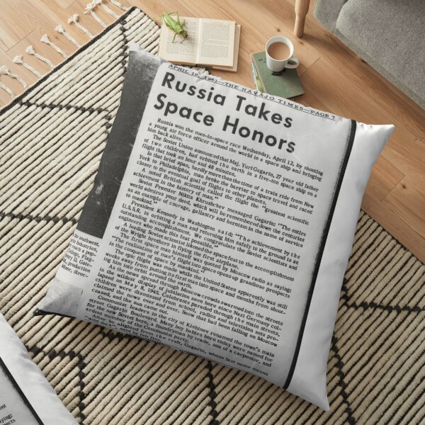 Old Historical Newspaper. Russia Takes Space Honors. Newsprint Floor Pillow
